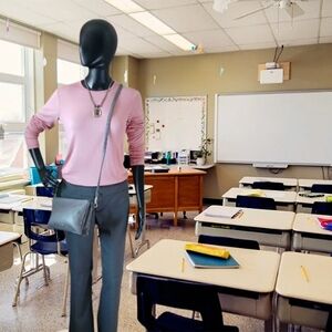 Pink Mango Top, Gray Mossimo Pants, Nine West Bag Outfit, Size XS